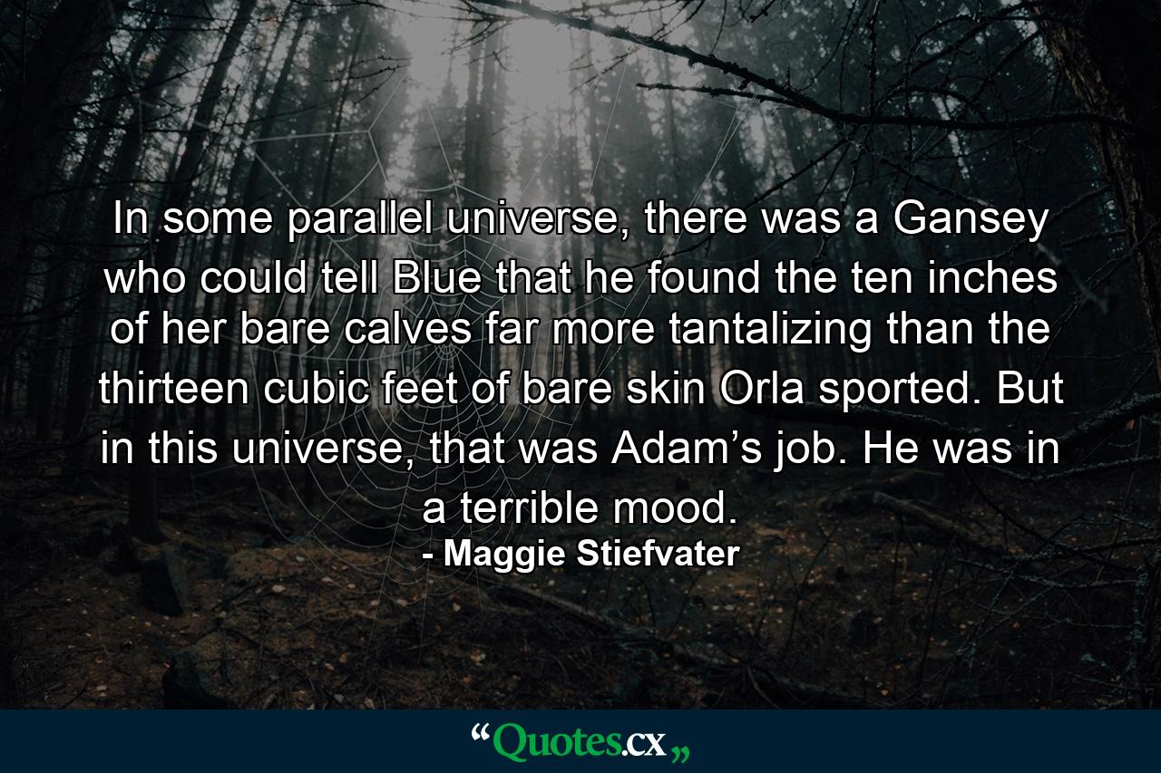 In some parallel universe, there was a Gansey who could tell Blue that he found the ten inches of her bare calves far more tantalizing than the thirteen cubic feet of bare skin Orla sported. But in this universe, that was Adam’s job. He was in a terrible mood. - Quote by Maggie Stiefvater