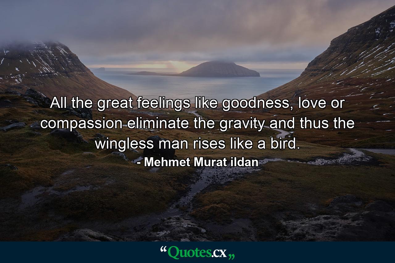 All the great feelings like goodness, love or compassion eliminate the gravity and thus the wingless man rises like a bird. - Quote by Mehmet Murat ildan