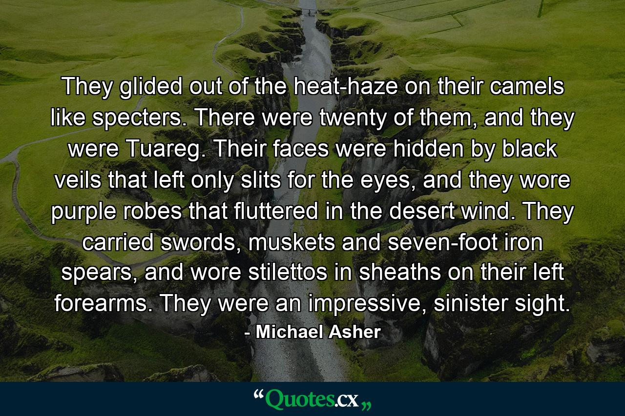 They glided out of the heat-haze on their camels like specters. There were twenty of them, and they were Tuareg. Their faces were hidden by black veils that left only slits for the eyes, and they wore purple robes that fluttered in the desert wind. They carried swords, muskets and seven-foot iron spears, and wore stilettos in sheaths on their left forearms. They were an impressive, sinister sight. - Quote by Michael Asher