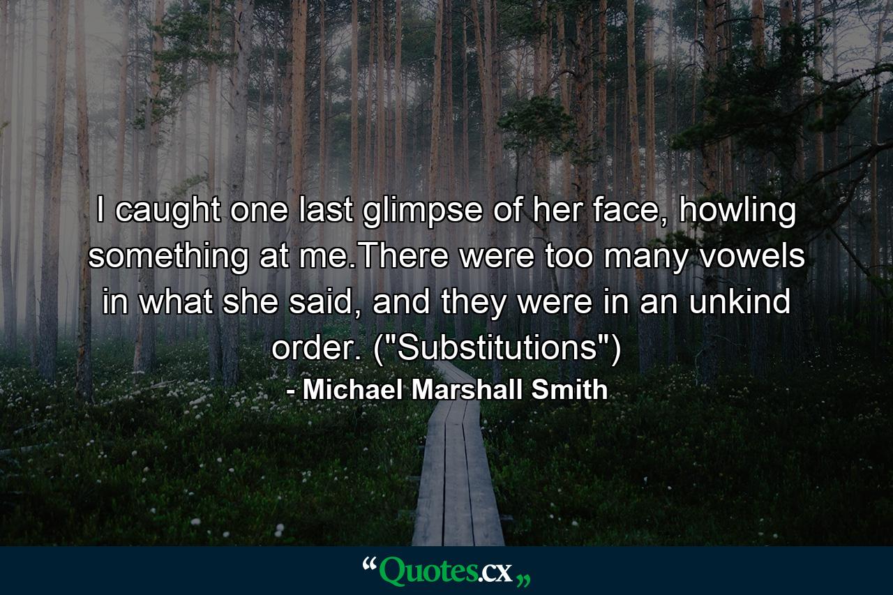 I caught one last glimpse of her face, howling something at me.There were too many vowels in what she said, and they were in an unkind order. (