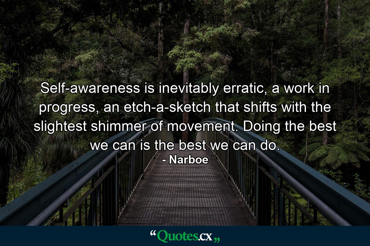 Self-awareness is inevitably erratic, a work in progress, an etch-a-sketch that shifts with the slightest shimmer of movement. Doing the best we can is the best we can do. - Quote by Narboe