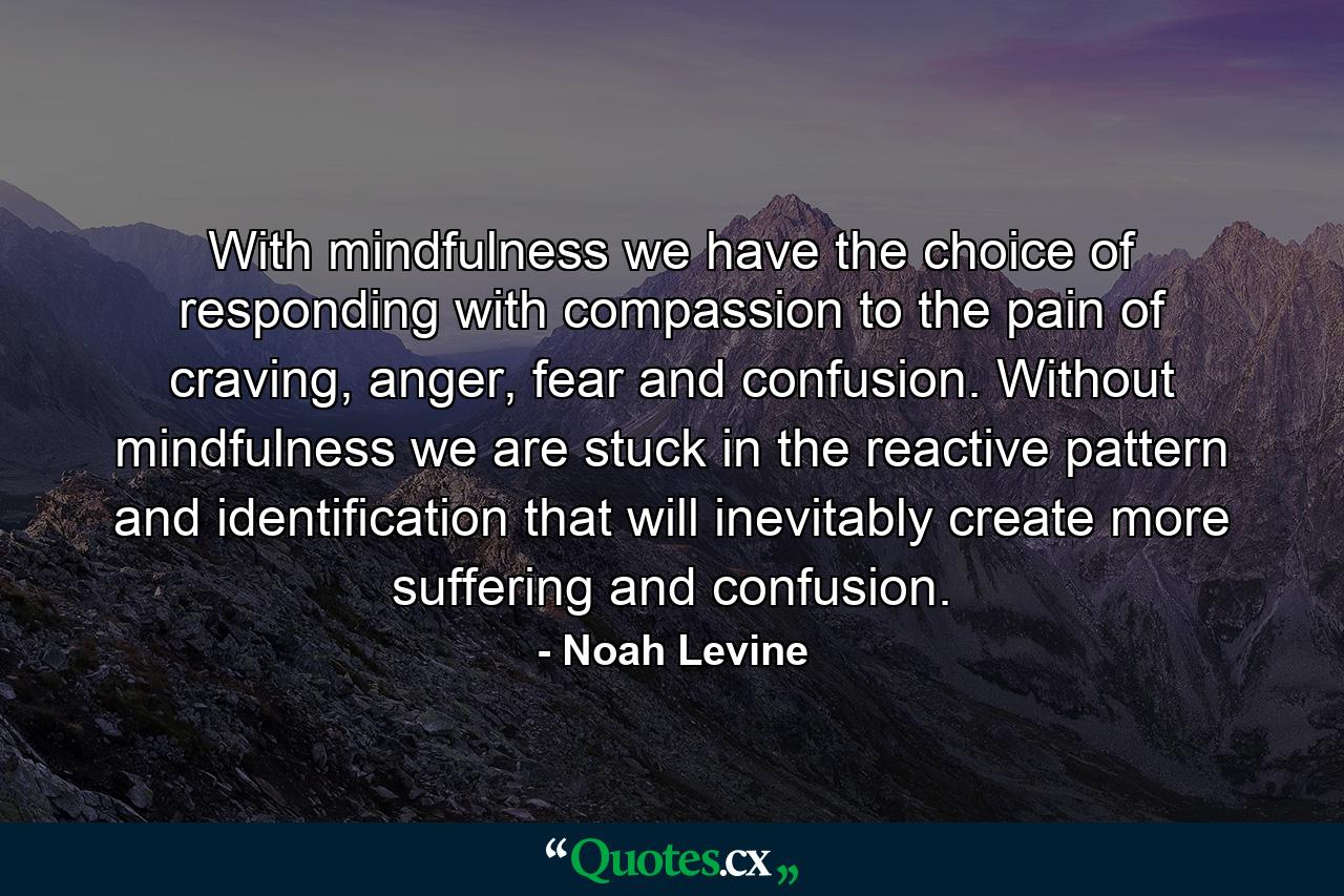 With mindfulness we have the choice of responding with compassion to the pain of craving, anger, fear and confusion. Without mindfulness we are stuck in the reactive pattern and identification that will inevitably create more suffering and confusion. - Quote by Noah Levine