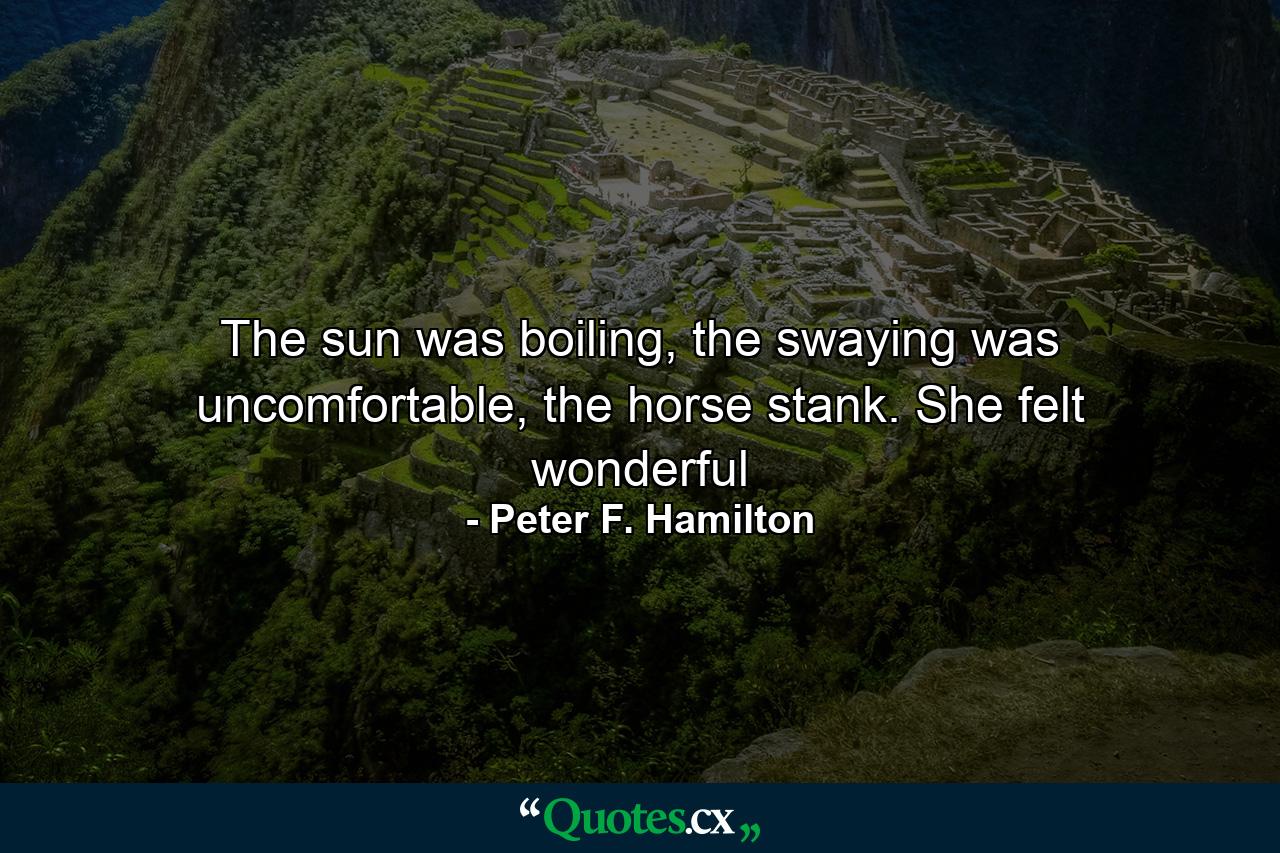 The sun was boiling, the swaying was uncomfortable, the horse stank. She felt wonderful - Quote by Peter F. Hamilton