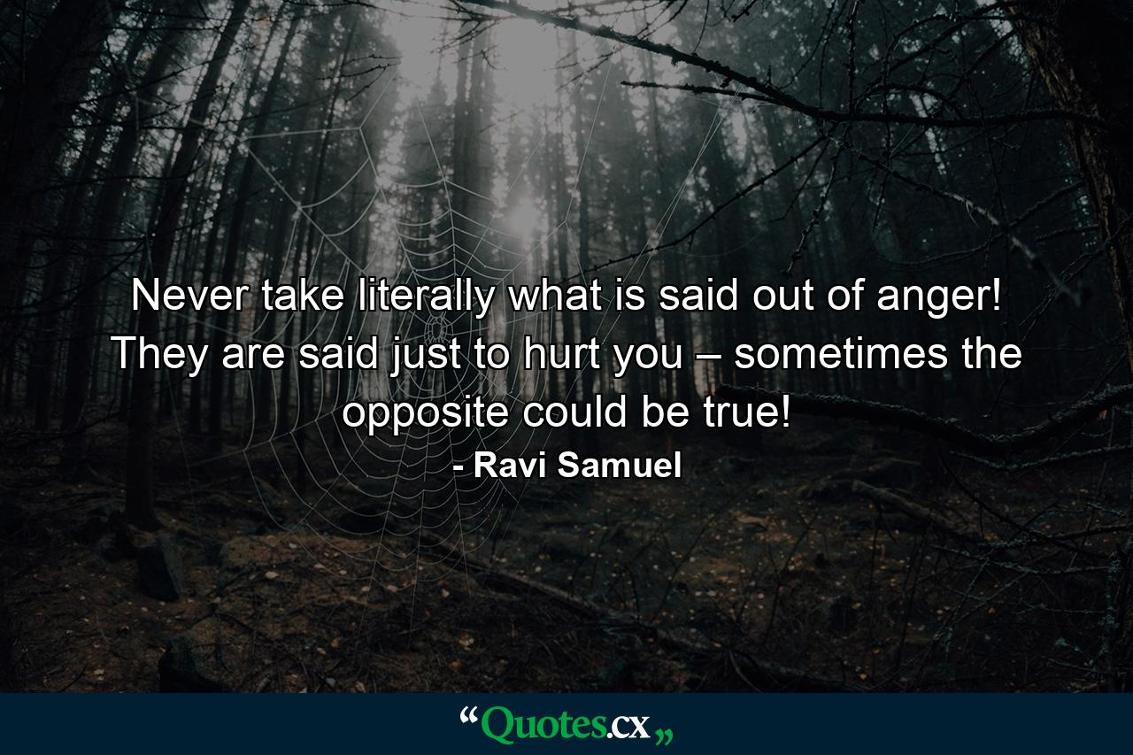 Never take literally what is said out of anger! They are said just to hurt you – sometimes the opposite could be true! - Quote by Ravi Samuel