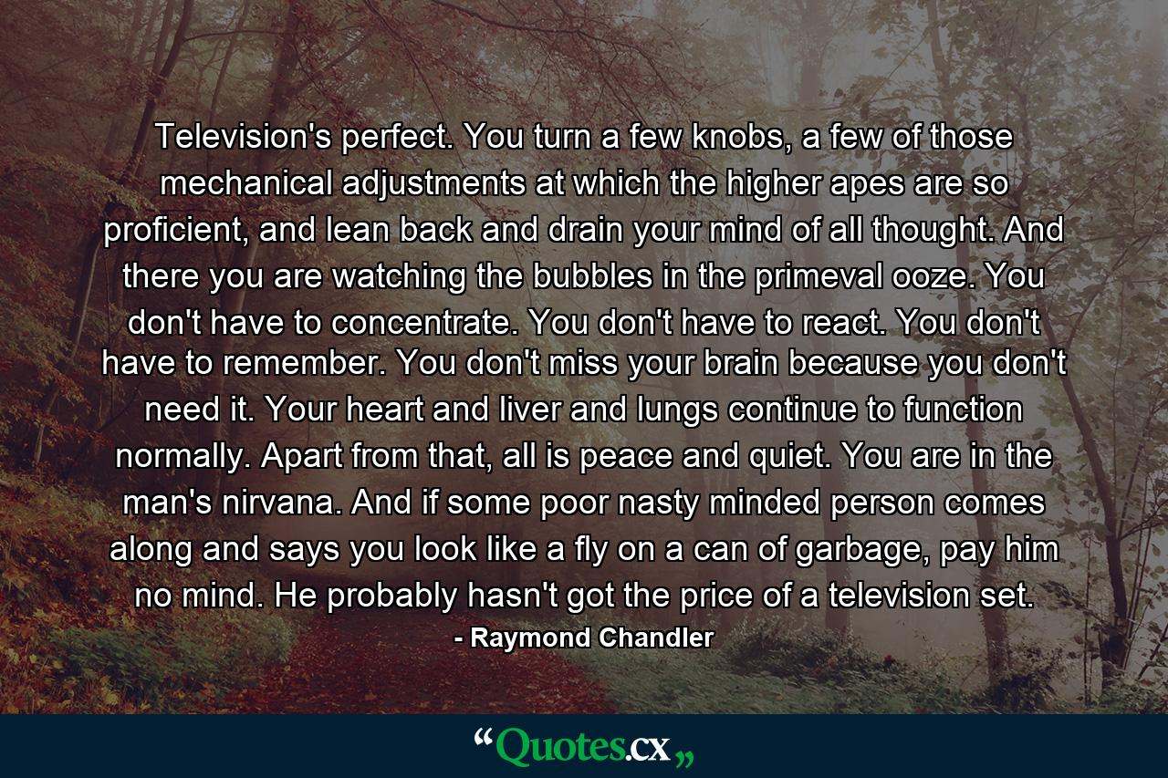 Television's perfect. You turn a few knobs, a few of those mechanical adjustments at which the higher apes are so proficient, and lean back and drain your mind of all thought. And there you are watching the bubbles in the primeval ooze. You don't have to concentrate. You don't have to react. You don't have to remember. You don't miss your brain because you don't need it. Your heart and liver and lungs continue to function normally. Apart from that, all is peace and quiet. You are in the man's nirvana. And if some poor nasty minded person comes along and says you look like a fly on a can of garbage, pay him no mind. He probably hasn't got the price of a television set. - Quote by Raymond Chandler