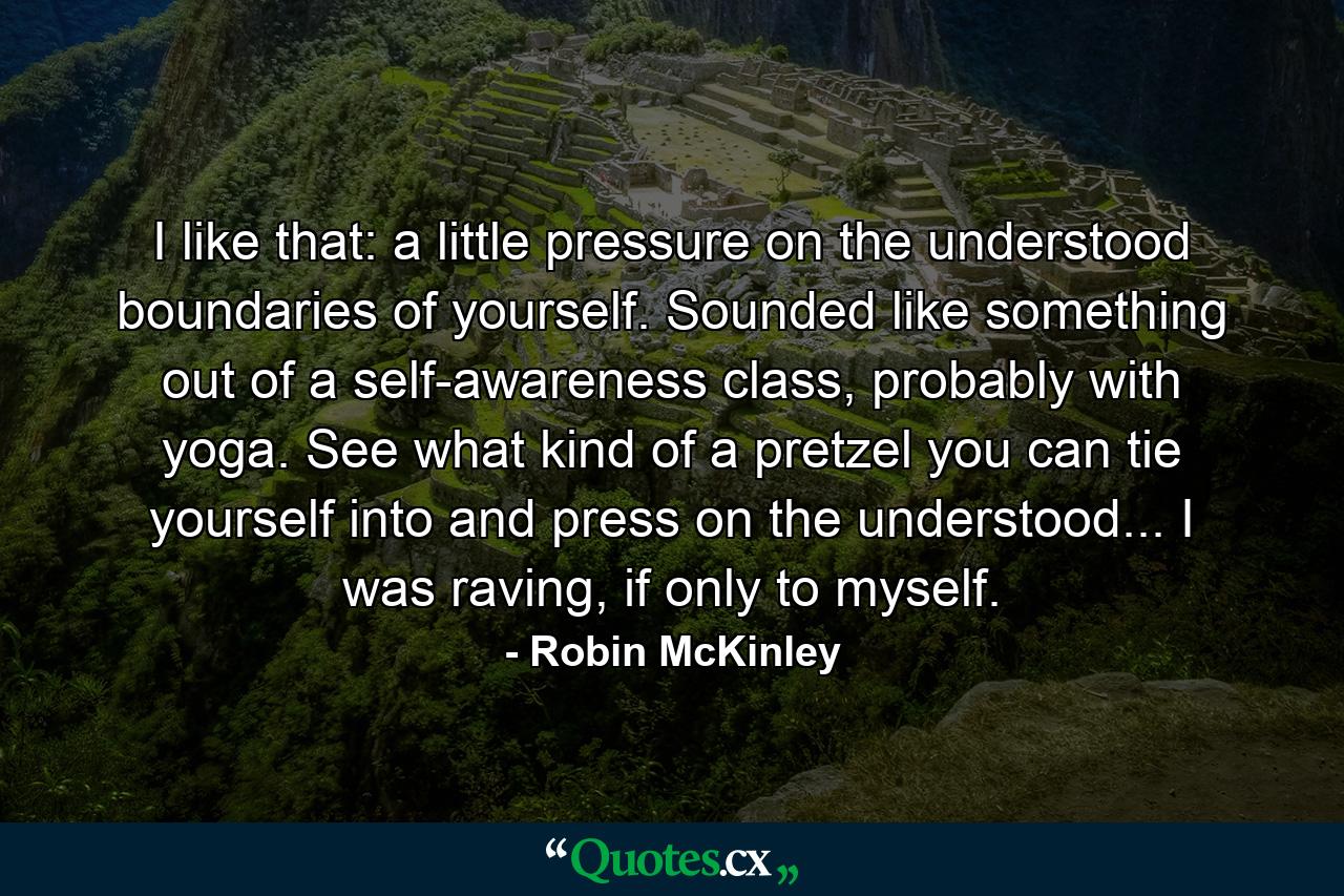 I like that: a little pressure on the understood boundaries of yourself. Sounded like something out of a self-awareness class, probably with yoga. See what kind of a pretzel you can tie yourself into and press on the understood... I was raving, if only to myself. - Quote by Robin McKinley