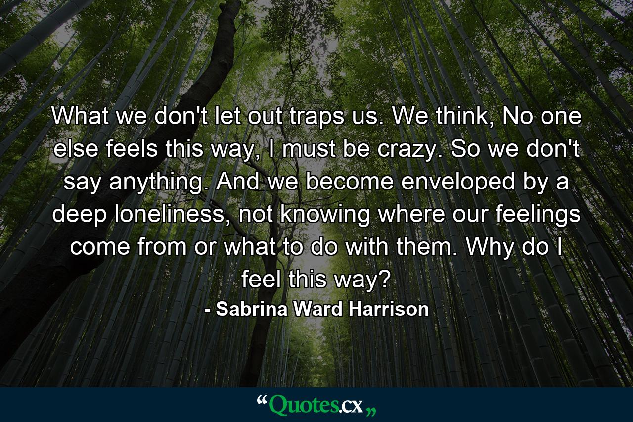 What we don't let out traps us. We think, No one else feels this way, I must be crazy. So we don't say anything. And we become enveloped by a deep loneliness, not knowing where our feelings come from or what to do with them. Why do I feel this way? - Quote by Sabrina Ward Harrison