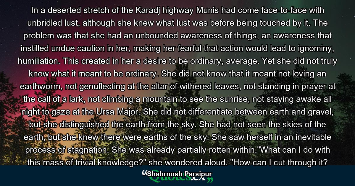 In a deserted stretch of the Karadj highway Munis had come face-to-face with unbridled lust, although she knew what lust was before being touched by it. The problem was that she had an unbounded awareness of things, an awareness that instilled undue caution in her, making her fearful that action would lead to ignominy, humiliation. This created in her a desire to be ordinary, average. Yet she did not truly know what it meant to be ordinary. She did not know that it meant not loving an earthworm, not genuflecting at the altar of withered leaves, not standing in prayer at the call of a lark, not climbing a mountain to see the sunrise, not staying awake all night to gaze at the Ursa Major. She did not differentiate between earth and gravel, but she distinguished the earth from the sky. She had not seen the skies of the earth, but she knew there were earths of the sky. She saw herself in an inevitable process of stagnation. She was already partially rotten within.