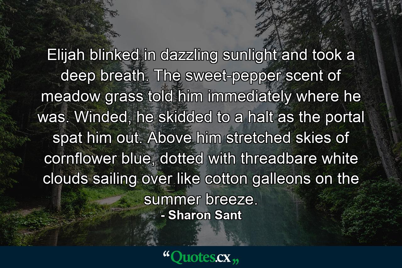 Elijah blinked in dazzling sunlight and took a deep breath. The sweet-pepper scent of meadow grass told him immediately where he was. Winded, he skidded to a halt as the portal spat him out. Above him stretched skies of cornflower blue, dotted with threadbare white clouds sailing over like cotton galleons on the summer breeze. - Quote by Sharon Sant