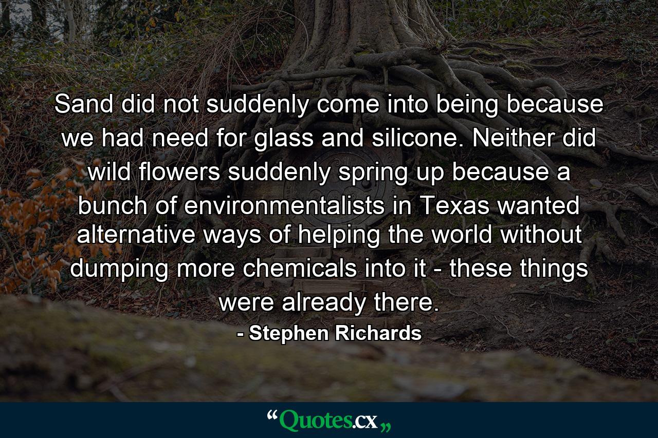 Sand did not suddenly come into being because we had need for glass and silicone. Neither did wild flowers suddenly spring up because a bunch of environmentalists in Texas wanted alternative ways of helping the world without dumping more chemicals into it - these things were already there. - Quote by Stephen Richards