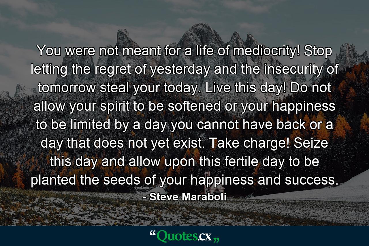 You were not meant for a life of mediocrity! Stop letting the regret of yesterday and the insecurity of tomorrow steal your today. Live this day! Do not allow your spirit to be softened or your happiness to be limited by a day you cannot have back or a day that does not yet exist. Take charge! Seize this day and allow upon this fertile day to be planted the seeds of your happiness and success. - Quote by Steve Maraboli