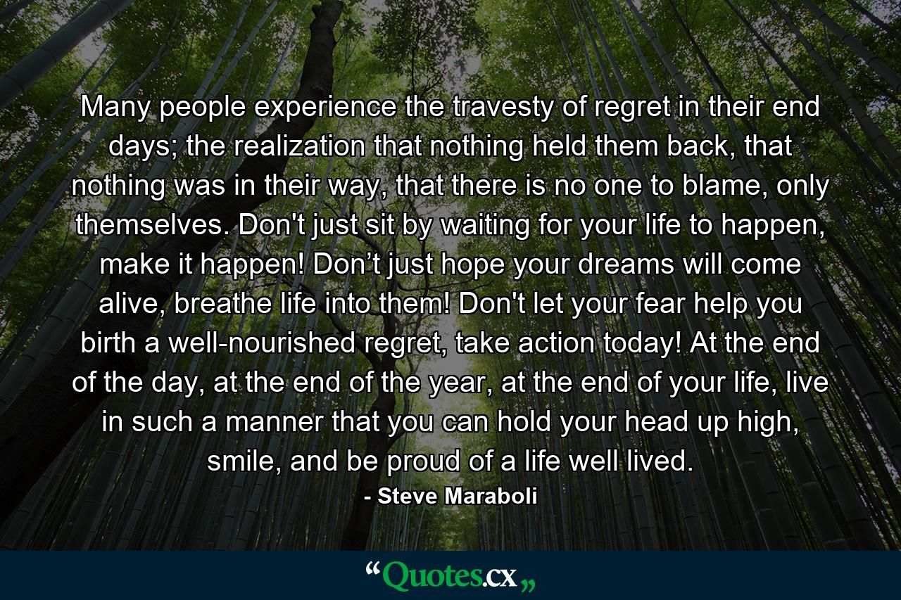 Many people experience the travesty of regret in their end days; the realization that nothing held them back, that nothing was in their way, that there is no one to blame, only themselves. Don't just sit by waiting for your life to happen, make it happen! Don’t just hope your dreams will come alive, breathe life into them! Don't let your fear help you birth a well-nourished regret, take action today! At the end of the day, at the end of the year, at the end of your life, live in such a manner that you can hold your head up high, smile, and be proud of a life well lived. - Quote by Steve Maraboli