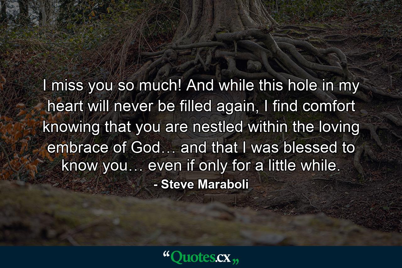 I miss you so much! And while this hole in my heart will never be filled again, I find comfort knowing that you are nestled within the loving embrace of God… and that I was blessed to know you… even if only for a little while. - Quote by Steve Maraboli