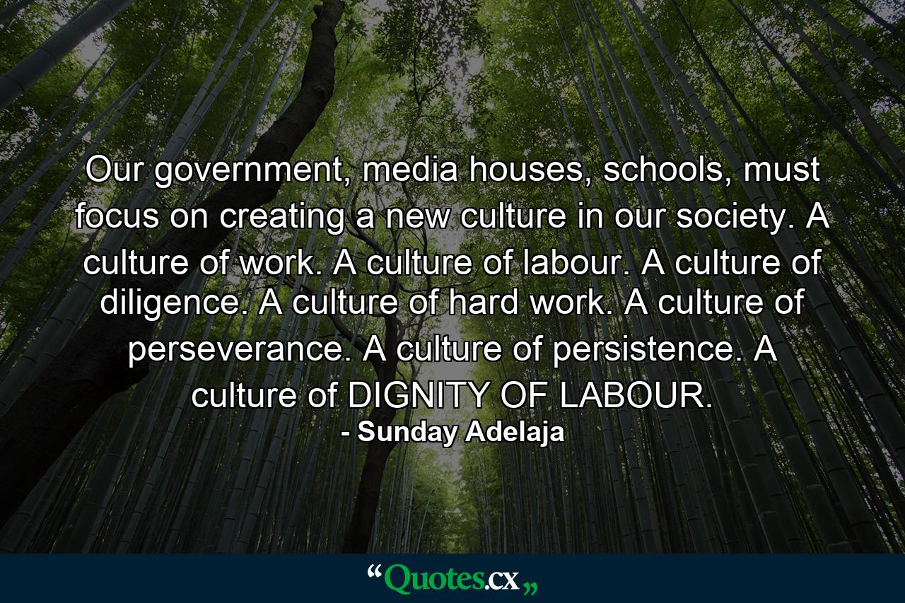 Our government, media houses, schools, must focus on creating a new culture in our society. A culture of work. A culture of labour. A culture of diligence. A culture of hard work. A culture of perseverance. A culture of persistence. A culture of DIGNITY OF LABOUR. - Quote by Sunday Adelaja