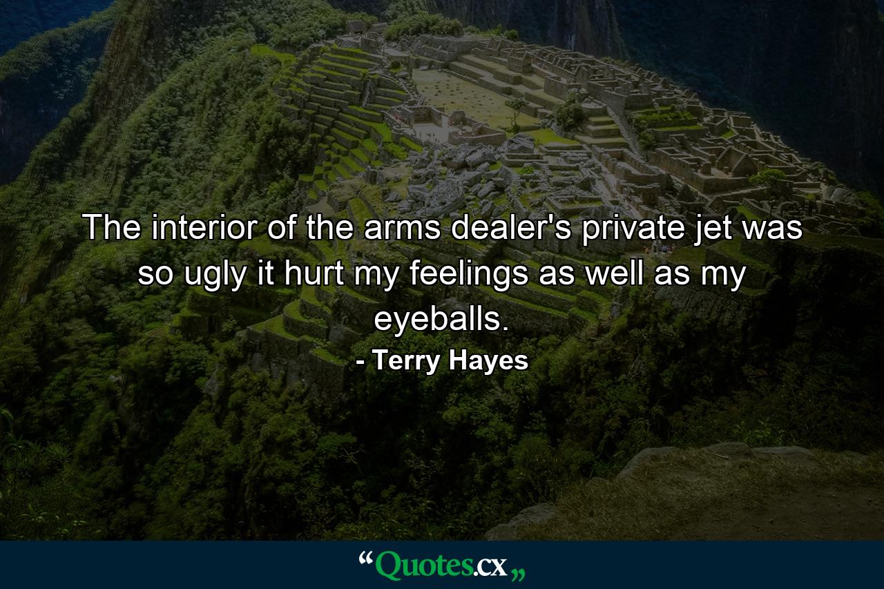 The interior of the arms dealer's private jet was so ugly it hurt my feelings as well as my eyeballs. - Quote by Terry Hayes