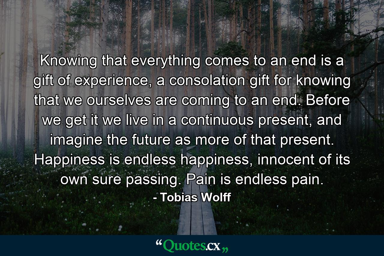 Knowing that everything comes to an end is a gift of experience, a consolation gift for knowing that we ourselves are coming to an end. Before we get it we live in a continuous present, and imagine the future as more of that present. Happiness is endless happiness, innocent of its own sure passing. Pain is endless pain. - Quote by Tobias Wolff