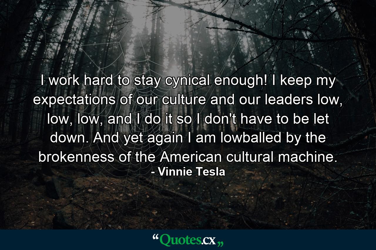 I work hard to stay cynical enough! I keep my expectations of our culture and our leaders low, low, low, and I do it so I don't have to be let down. And yet again I am lowballed by the brokenness of the American cultural machine. - Quote by Vinnie Tesla