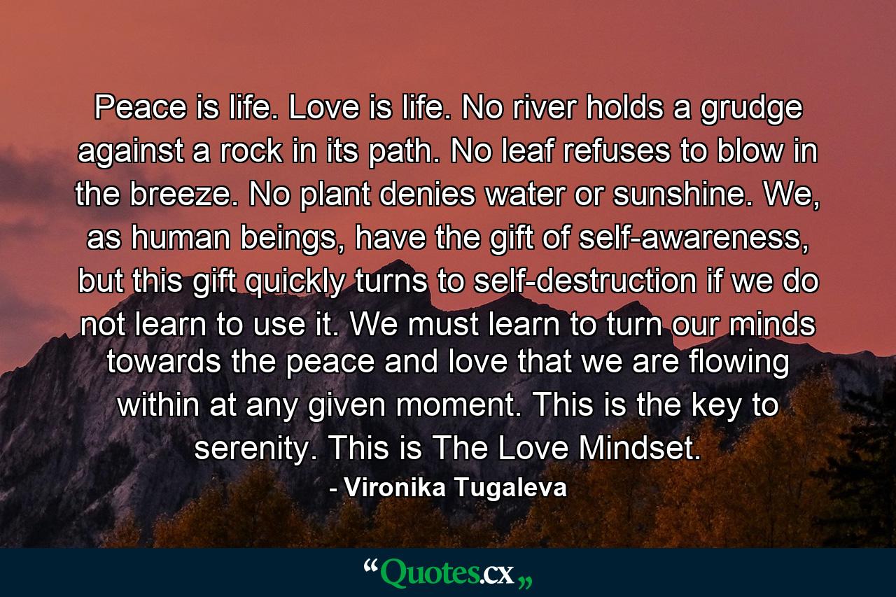 Peace is life. Love is life. No river holds a grudge against a rock in its path. No leaf refuses to blow in the breeze. No plant denies water or sunshine. We, as human beings, have the gift of self-awareness, but this gift quickly turns to self-destruction if we do not learn to use it. We must learn to turn our minds towards the peace and love that we are flowing within at any given moment. This is the key to serenity. This is The Love Mindset. - Quote by Vironika Tugaleva