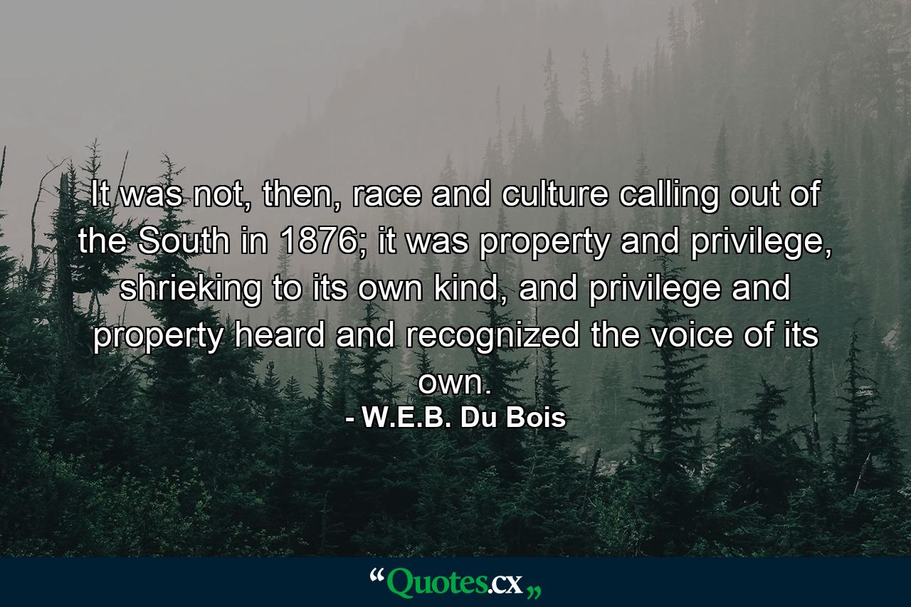 It was not, then, race and culture calling out of the South in 1876; it was property and privilege, shrieking to its own kind, and privilege and property heard and recognized the voice of its own. - Quote by W.E.B. Du Bois