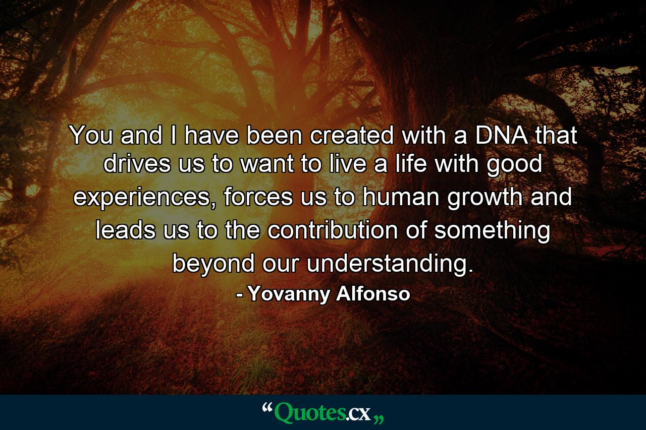 You and I have been created with a DNA that drives us to want to live a life with good experiences, forces us to human growth and leads us to the contribution of something beyond our understanding. - Quote by Yovanny Alfonso