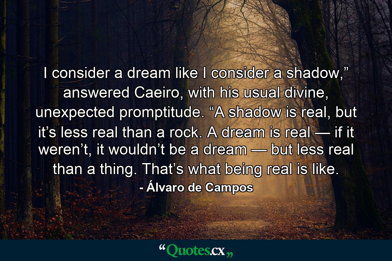 I consider a dream like I consider a shadow,” answered Caeiro, with his usual divine, unexpected promptitude. “A shadow is real, but it’s less real than a rock. A dream is real — if it weren’t, it wouldn’t be a dream — but less real than a thing. That’s what being real is like. - Quote by Álvaro de Campos