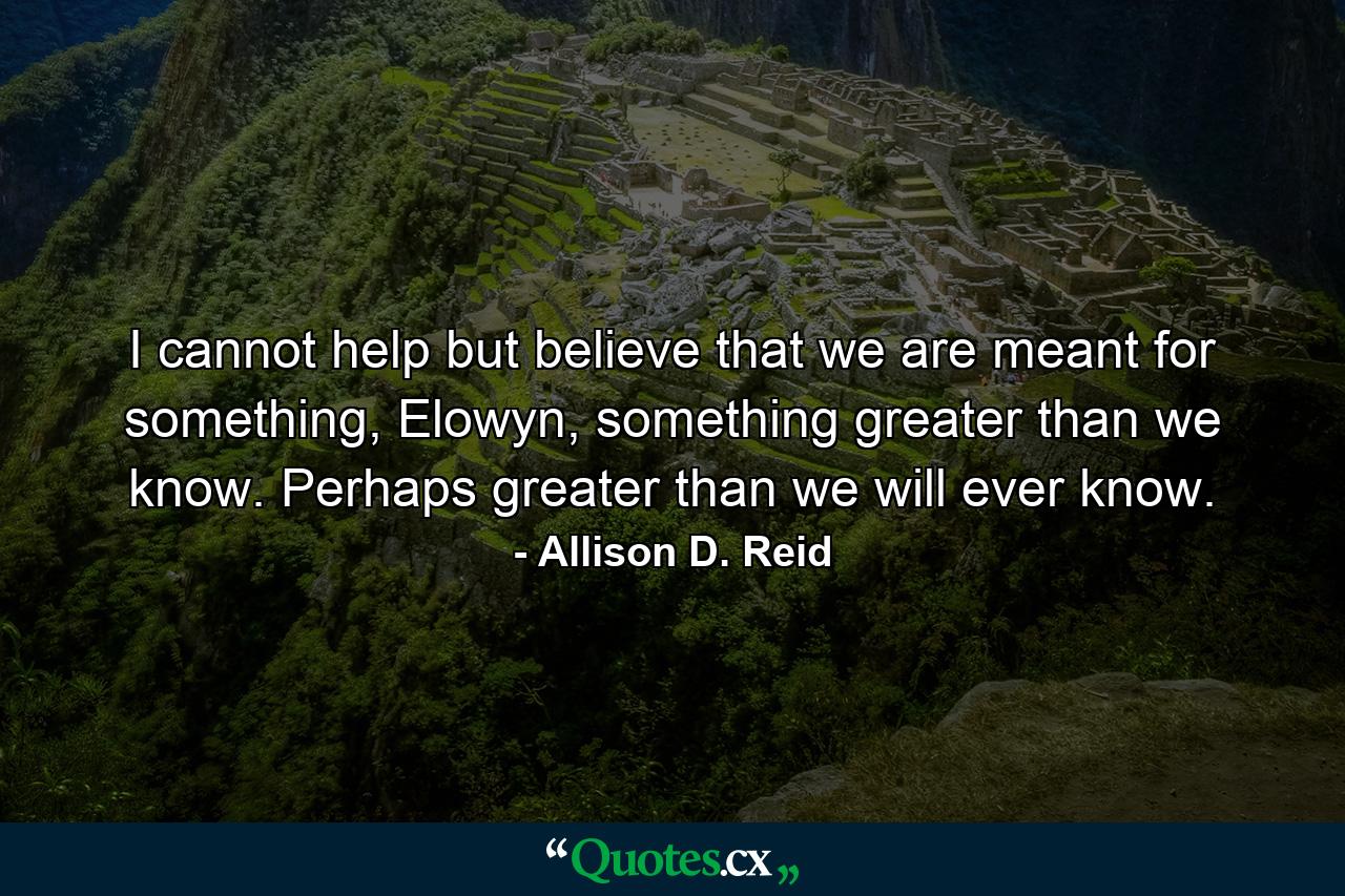 I cannot help but believe that we are meant for something, Elowyn, something greater than we know. Perhaps greater than we will ever know. - Quote by Allison D. Reid