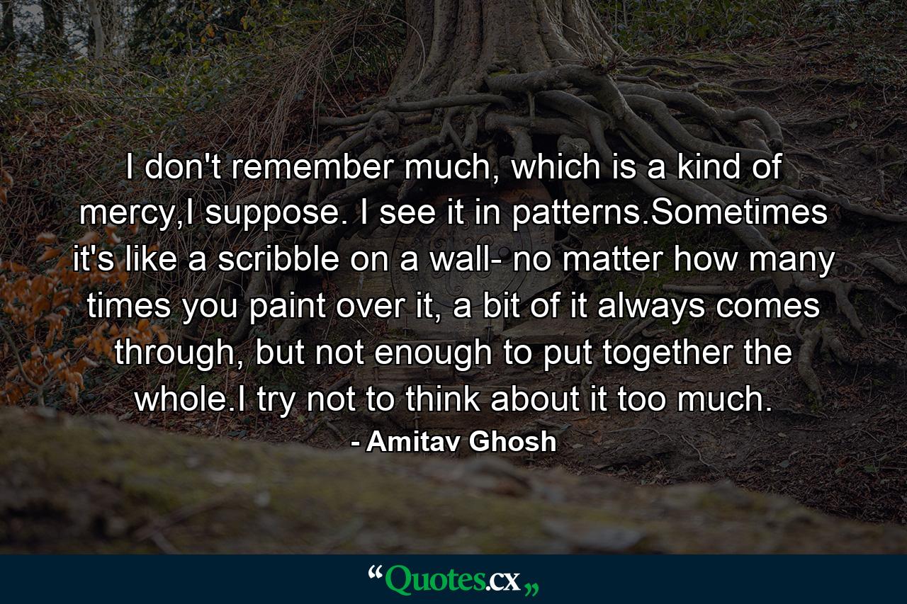 I don't remember much, which is a kind of mercy,I suppose. I see it in patterns.Sometimes it's like a scribble on a wall- no matter how many times you paint over it, a bit of it always comes through, but not enough to put together the whole.I try not to think about it too much. - Quote by Amitav Ghosh