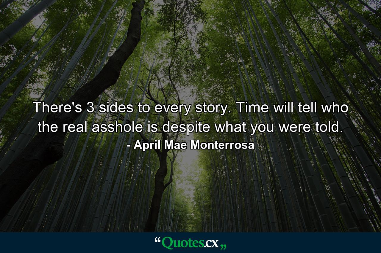 There's 3 sides to every story. Time will tell who the real asshole is despite what you were told. - Quote by April Mae Monterrosa