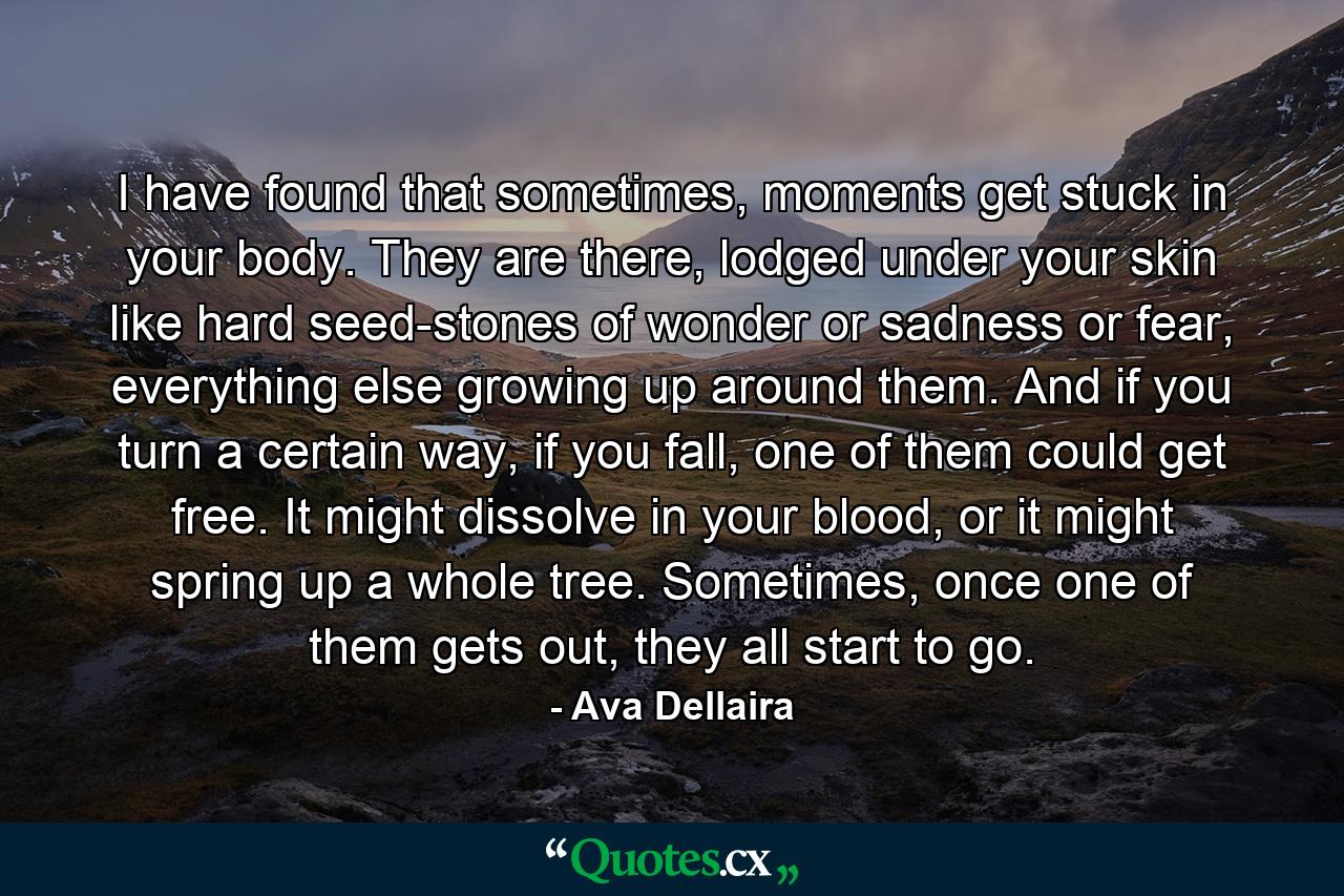 I have found that sometimes, moments get stuck in your body. They are there, lodged under your skin like hard seed-stones of wonder or sadness or fear, everything else growing up around them. And if you turn a certain way, if you fall, one of them could get free. It might dissolve in your blood, or it might spring up a whole tree. Sometimes, once one of them gets out, they all start to go. - Quote by Ava Dellaira