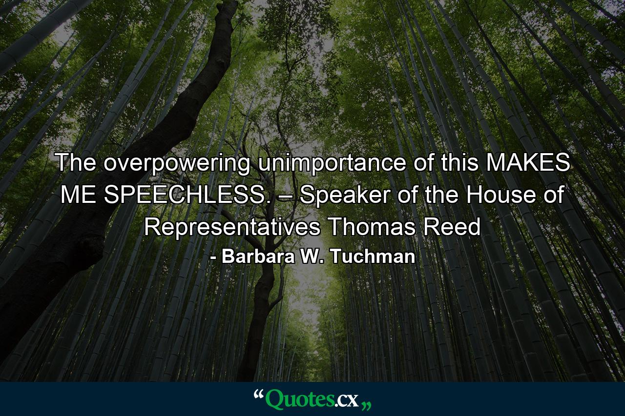 The overpowering unimportance of this MAKES ME SPEECHLESS. – Speaker of the House of Representatives Thomas Reed - Quote by Barbara W. Tuchman