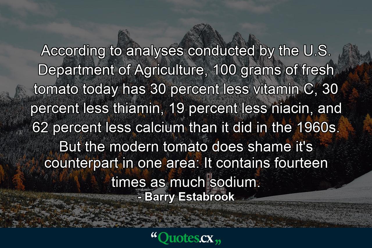 According to analyses conducted by the U.S. Department of Agriculture, 100 grams of fresh tomato today has 30 percent less vitamin C, 30 percent less thiamin, 19 percent less niacin, and 62 percent less calcium than it did in the 1960s. But the modern tomato does shame it's counterpart in one area: It contains fourteen times as much sodium. - Quote by Barry Estabrook