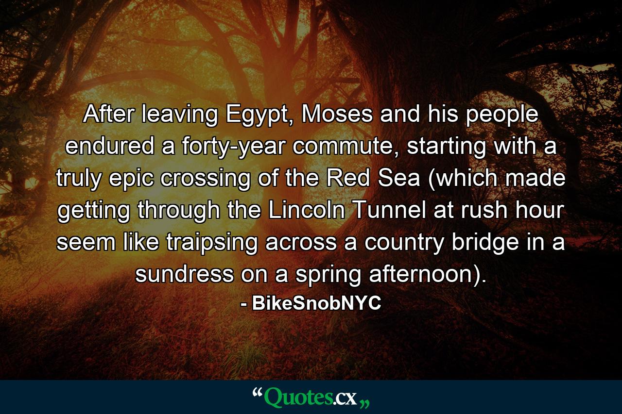 After leaving Egypt, Moses and his people endured a forty-year commute, starting with a truly epic crossing of the Red Sea (which made getting through the Lincoln Tunnel at rush hour seem like traipsing across a country bridge in a sundress on a spring afternoon). - Quote by BikeSnobNYC