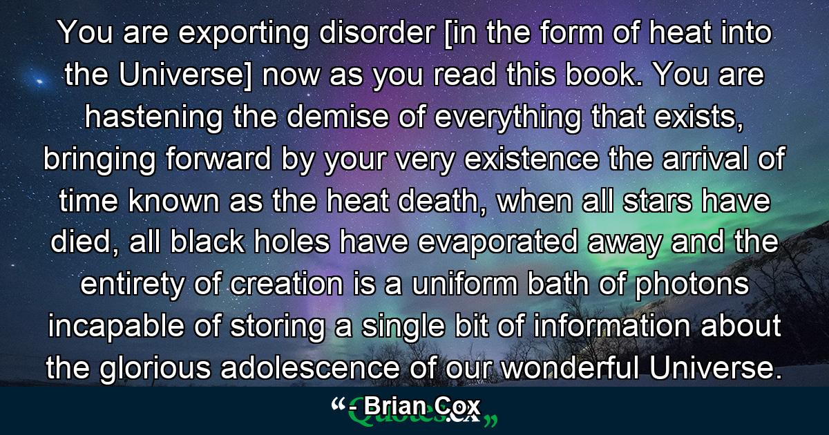 You are exporting disorder [in the form of heat into the Universe] now as you read this book. You are hastening the demise of everything that exists, bringing forward by your very existence the arrival of time known as the heat death, when all stars have died, all black holes have evaporated away and the entirety of creation is a uniform bath of photons incapable of storing a single bit of information about the glorious adolescence of our wonderful Universe. - Quote by Brian Cox