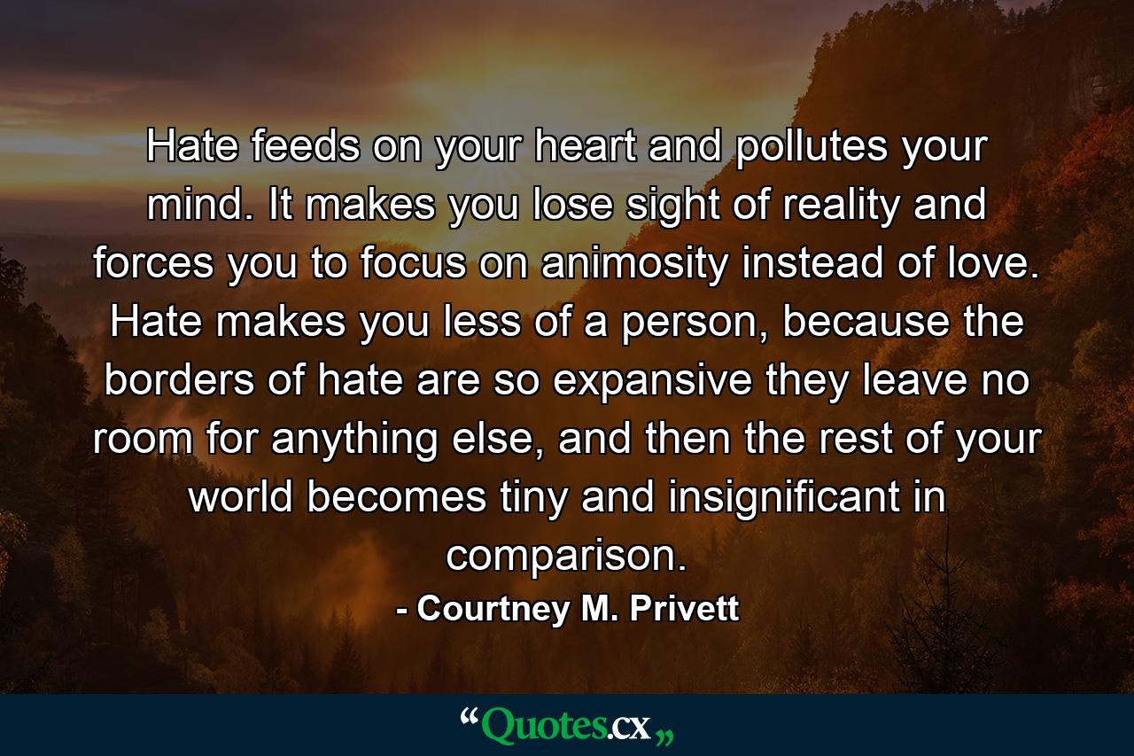 Hate feeds on your heart and pollutes your mind. It makes you lose sight of reality and forces you to focus on animosity instead of love. Hate makes you less of a person, because the borders of hate are so expansive they leave no room for anything else, and then the rest of your world becomes tiny and insignificant in comparison. - Quote by Courtney M. Privett