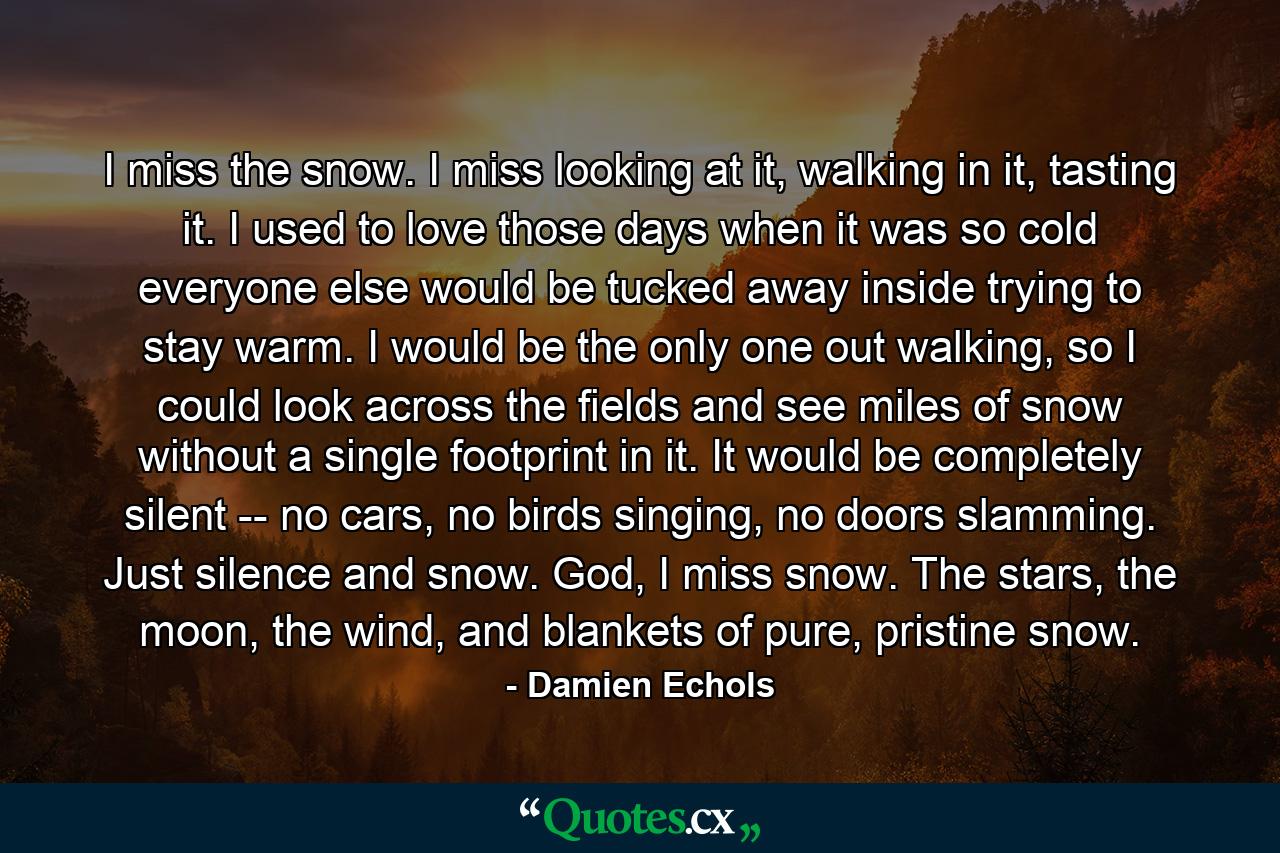 I miss the snow. I miss looking at it, walking in it, tasting it. I used to love those days when it was so cold everyone else would be tucked away inside trying to stay warm. I would be the only one out walking, so I could look across the fields and see miles of snow without a single footprint in it. It would be completely silent -- no cars, no birds singing, no doors slamming. Just silence and snow. God, I miss snow. The stars, the moon, the wind, and blankets of pure, pristine snow. - Quote by Damien Echols