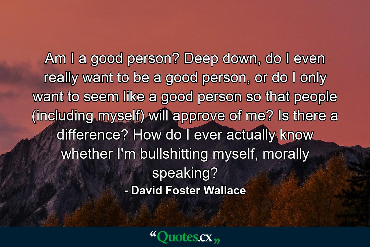 Am I a good person? Deep down, do I even really want to be a good person, or do I only want to seem like a good person so that people (including myself) will approve of me? Is there a difference? How do I ever actually know whether I'm bullshitting myself, morally speaking? - Quote by David Foster Wallace