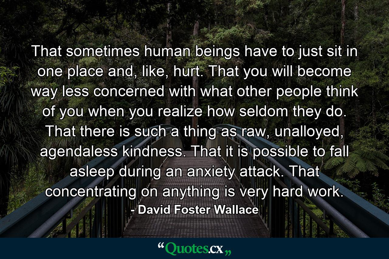 That sometimes human beings have to just sit in one place and, like, hurt. That you will become way less concerned with what other people think of you when you realize how seldom they do. That there is such a thing as raw, unalloyed, agendaless kindness. That it is possible to fall asleep during an anxiety attack. That concentrating on anything is very hard work. - Quote by David Foster Wallace