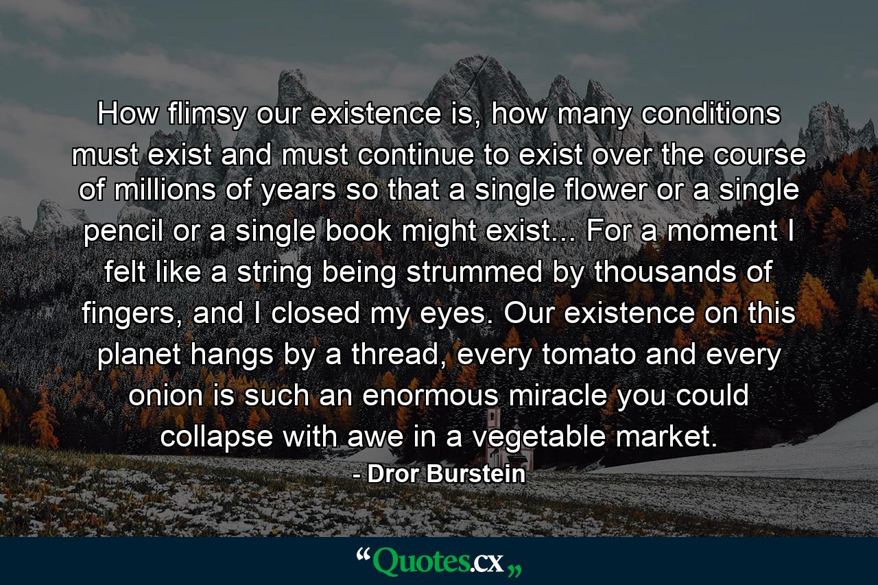 How flimsy our existence is, how many conditions must exist and must continue to exist over the course of millions of years so that a single flower or a single pencil or a single book might exist... For a moment I felt like a string being strummed by thousands of fingers, and I closed my eyes. Our existence on this planet hangs by a thread, every tomato and every onion is such an enormous miracle you could collapse with awe in a vegetable market. - Quote by Dror Burstein