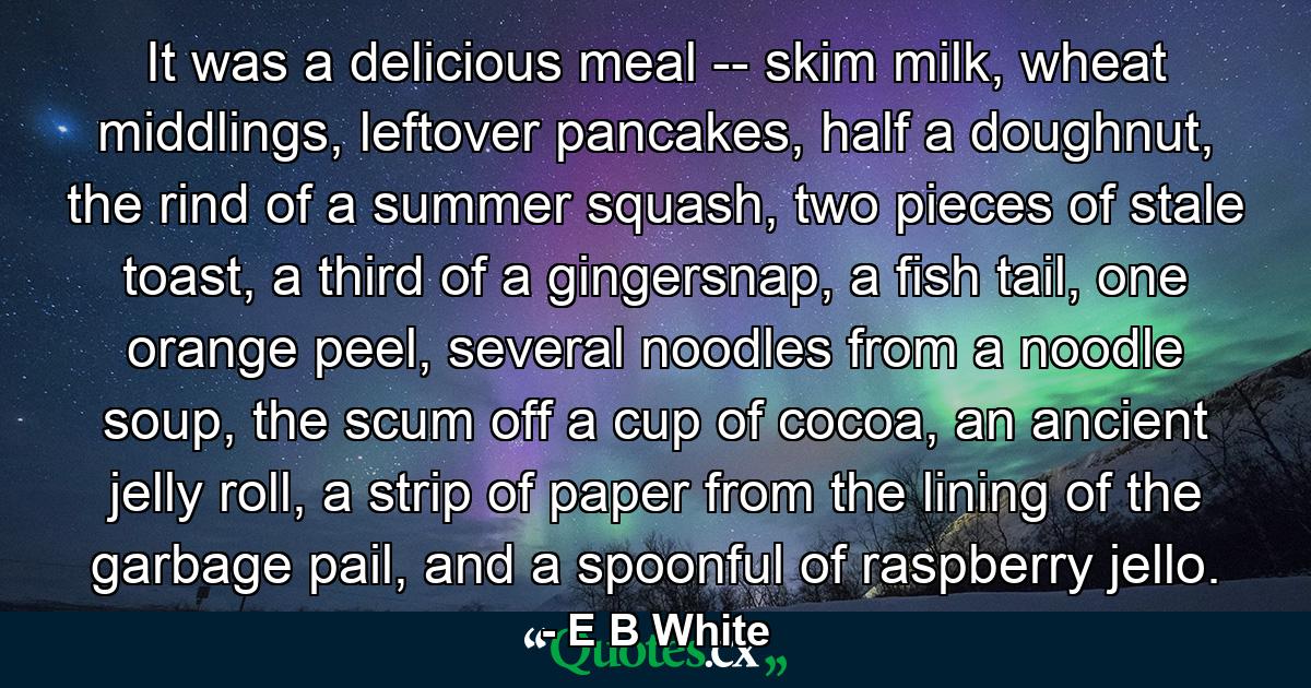 It was a delicious meal -- skim milk, wheat middlings, leftover pancakes, half a doughnut, the rind of a summer squash, two pieces of stale toast, a third of a gingersnap, a fish tail, one orange peel, several noodles from a noodle soup, the scum off a cup of cocoa, an ancient jelly roll, a strip of paper from the lining of the garbage pail, and a spoonful of raspberry jello. - Quote by E B White