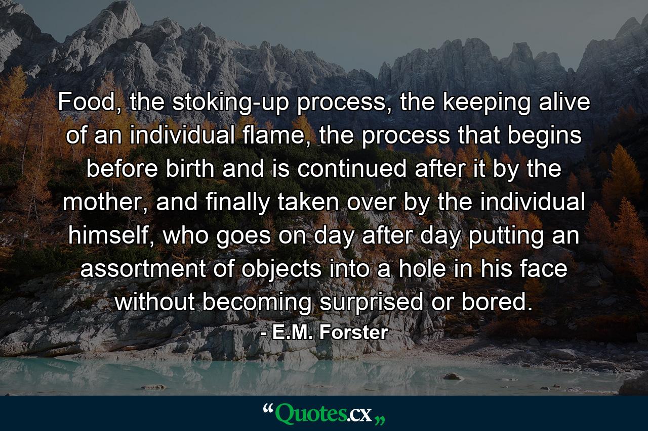 Food, the stoking-up process, the keeping alive of an individual flame, the process that begins before birth and is continued after it by the mother, and finally taken over by the individual himself, who goes on day after day putting an assortment of objects into a hole in his face without becoming surprised or bored. - Quote by E.M. Forster