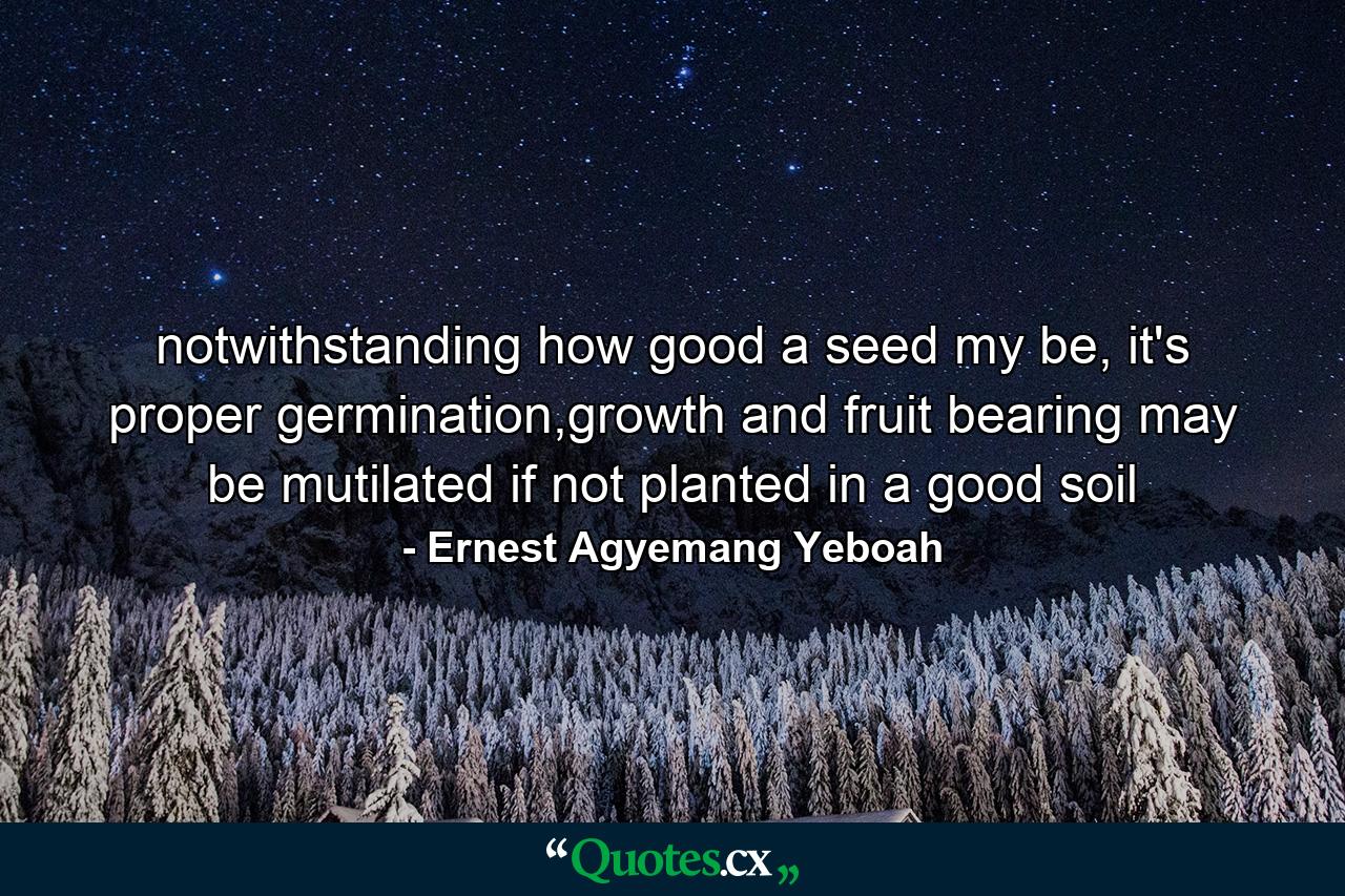 notwithstanding how good a seed my be, it's proper germination,growth and fruit bearing may be mutilated if not planted in a good soil - Quote by Ernest Agyemang Yeboah