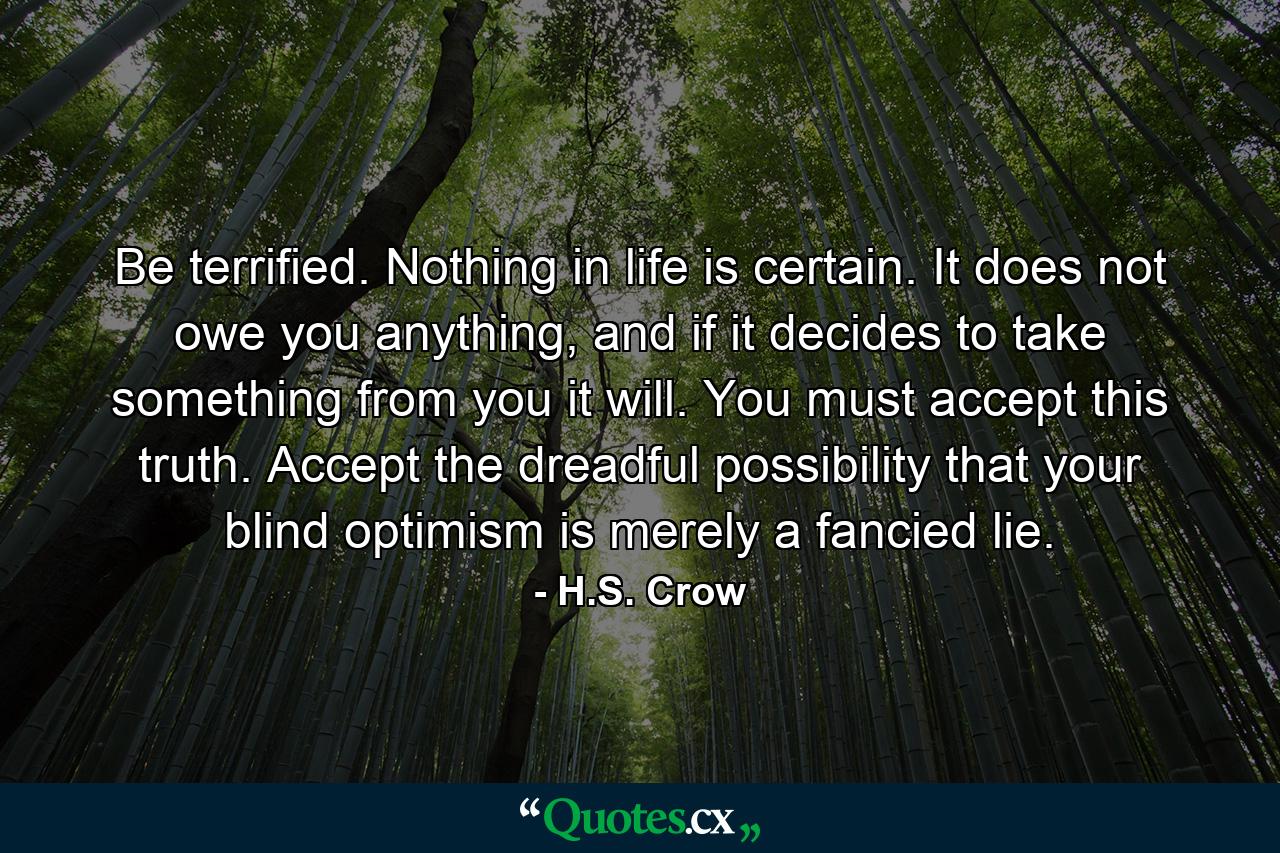 Be terrified. Nothing in life is certain. It does not owe you anything, and if it decides to take something from you it will. You must accept this truth. Accept the dreadful possibility that your blind optimism is merely a fancied lie. - Quote by H.S. Crow