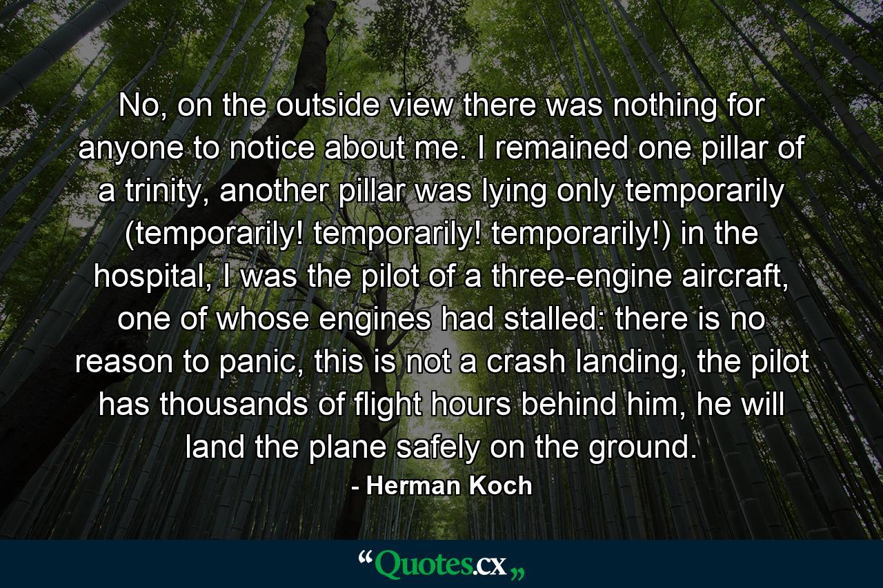 No, on the outside view there was nothing for anyone to notice about me. I remained one pillar of a trinity, another pillar was lying only temporarily (temporarily! temporarily! temporarily!) in the hospital, I was the pilot of a three-engine aircraft, one of whose engines had stalled: there is no reason to panic, this is not a crash landing, the pilot has thousands of flight hours behind him, he will land the plane safely on the ground. - Quote by Herman Koch