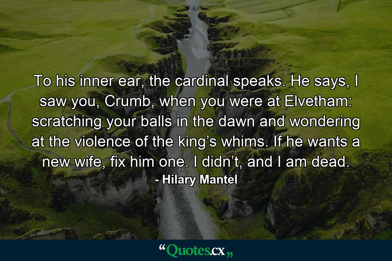 To his inner ear, the cardinal speaks. He says, I saw you, Crumb, when you were at Elvetham: scratching your balls in the dawn and wondering at the violence of the king’s whims. If he wants a new wife, fix him one. I didn’t, and I am dead. - Quote by Hilary Mantel