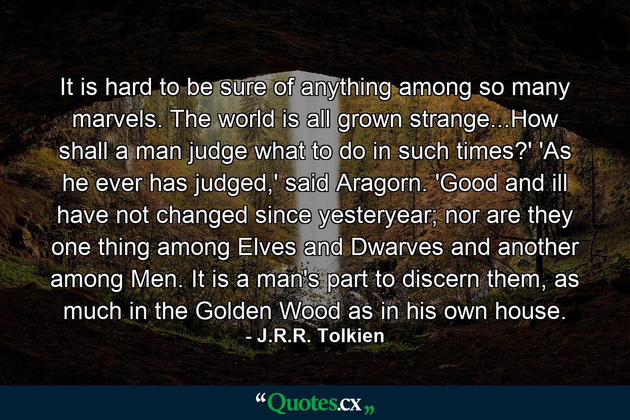 It is hard to be sure of anything among so many marvels. The world is all grown strange...How shall a man judge what to do in such times?' 'As he ever has judged,' said Aragorn. 'Good and ill have not changed since yesteryear; nor are they one thing among Elves and Dwarves and another among Men. It is a man's part to discern them, as much in the Golden Wood as in his own house. - Quote by J.R.R. Tolkien