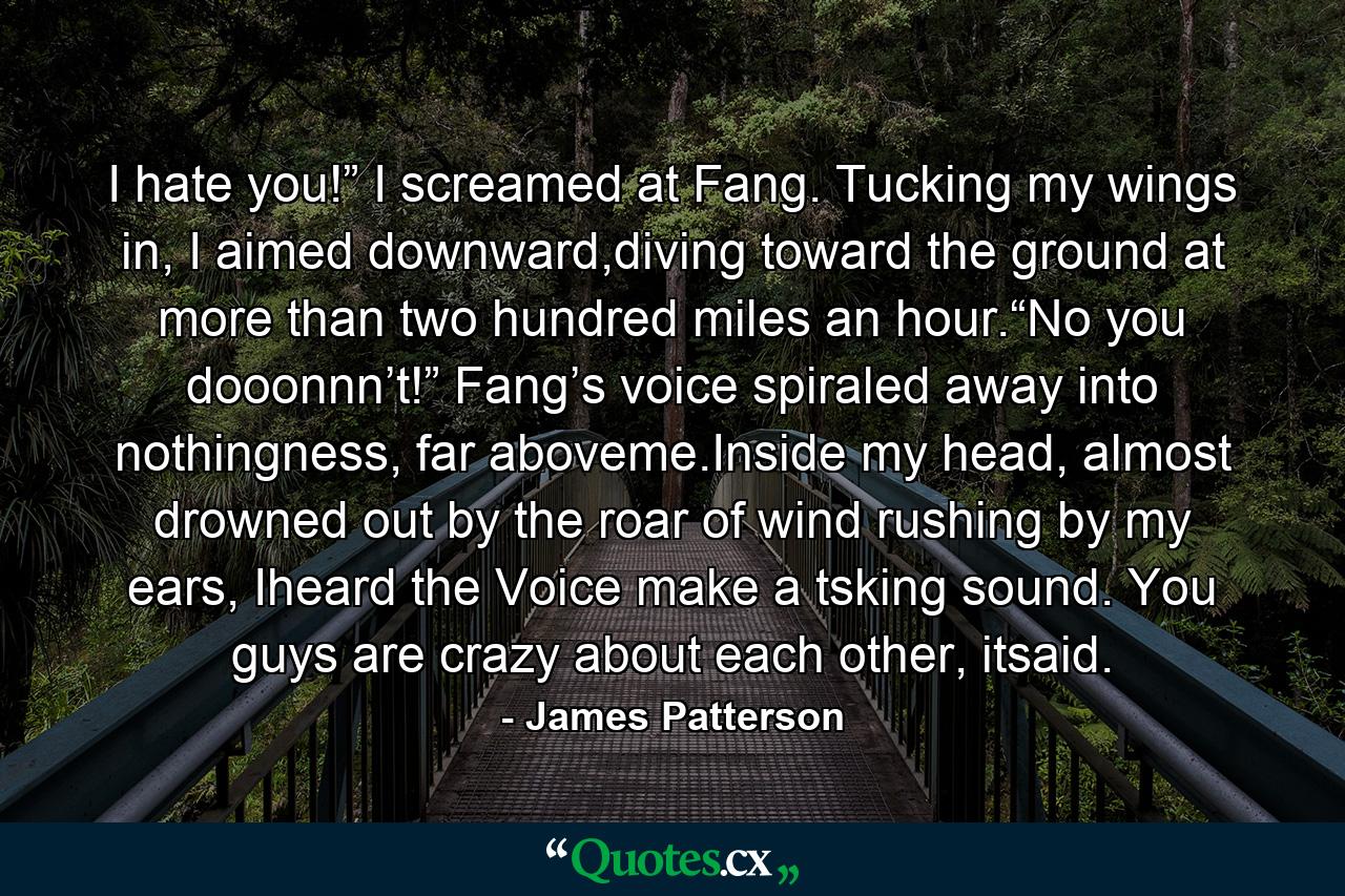 I hate you!” I screamed at Fang. Tucking my wings in, I aimed downward,diving toward the ground at more than two hundred miles an hour.“No you dooonnn’t!” Fang’s voice spiraled away into nothingness, far aboveme.Inside my head, almost drowned out by the roar of wind rushing by my ears, Iheard the Voice make a tsking sound. You guys are crazy about each other, itsaid. - Quote by James Patterson