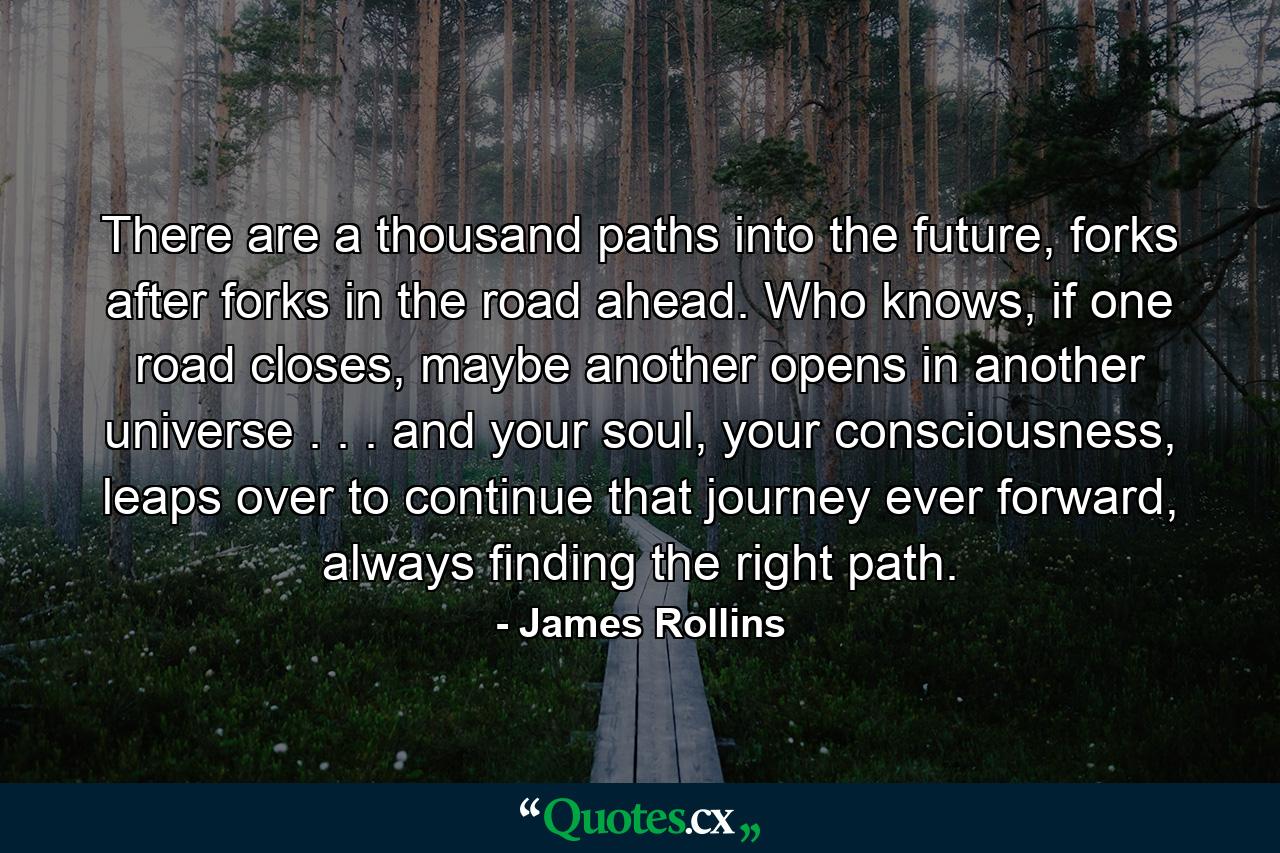 There are a thousand paths into the future, forks after forks in the road ahead. Who knows, if one road closes, maybe another opens in another universe . . . and your soul, your consciousness, leaps over to continue that journey ever forward, always finding the right path. - Quote by James Rollins