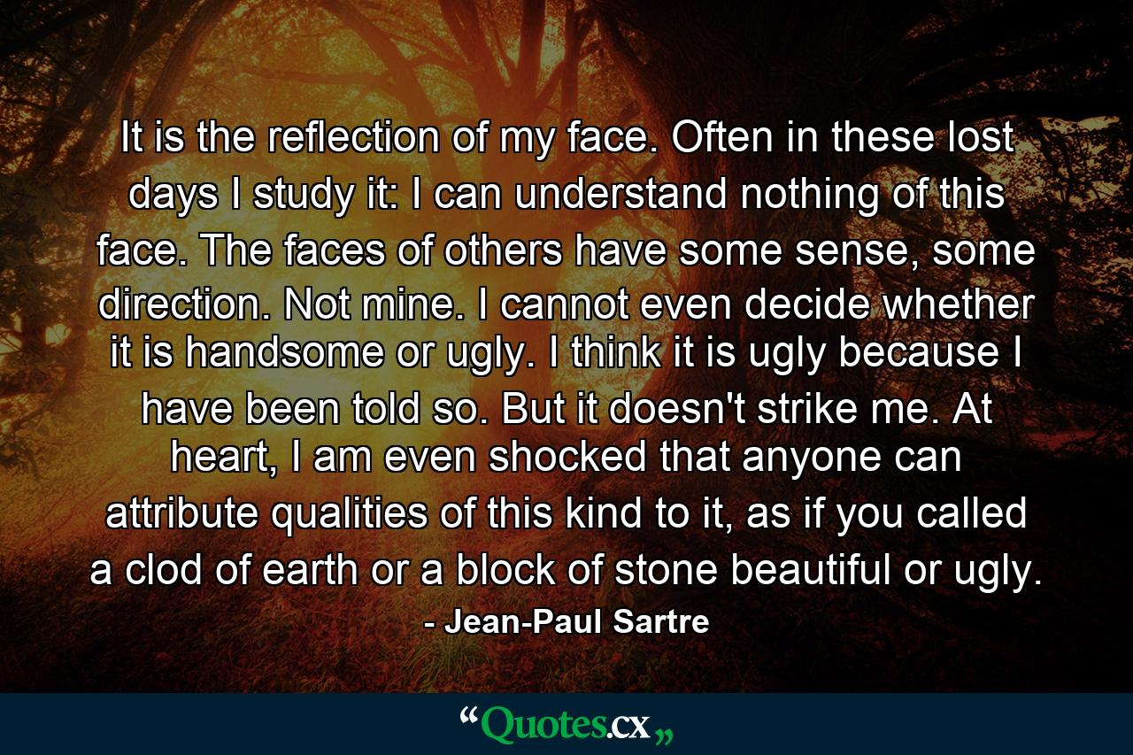 It is the reflection of my face. Often in these lost days I study it: I can understand nothing of this face. The faces of others have some sense, some direction. Not mine. I cannot even decide whether it is handsome or ugly. I think it is ugly because I have been told so. But it doesn't strike me. At heart, I am even shocked that anyone can attribute qualities of this kind to it, as if you called a clod of earth or a block of stone beautiful or ugly. - Quote by Jean-Paul Sartre