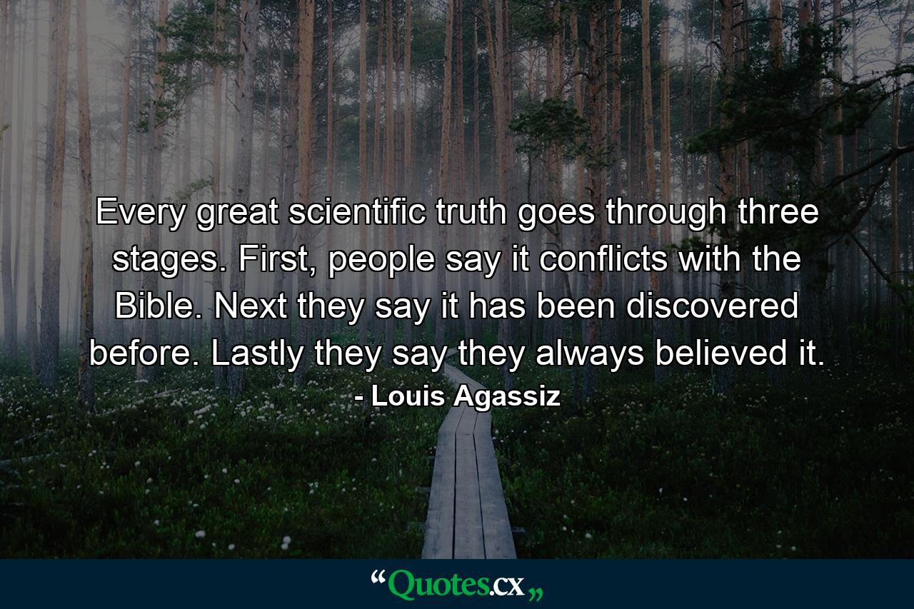 Every great scientific truth goes through three stages. First, people say it conflicts with the Bible. Next they say it has been discovered before. Lastly they say they always believed it. - Quote by Louis Agassiz