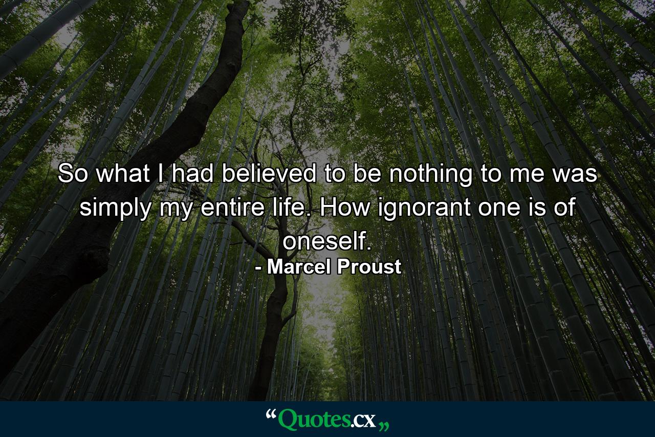 So what I had believed to be nothing to me was simply my entire life. How ignorant one is of oneself. - Quote by Marcel Proust